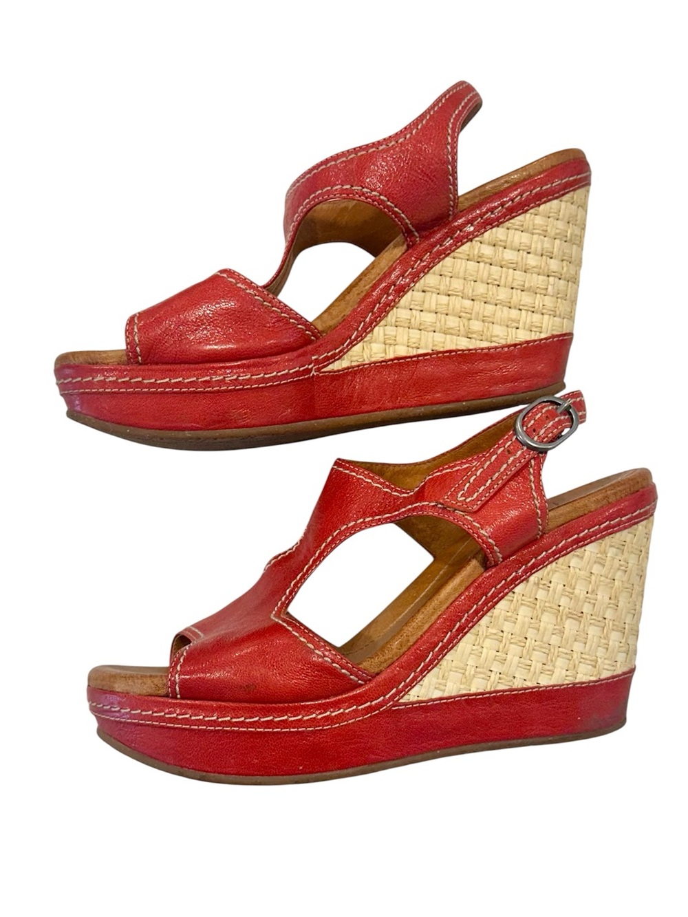 Anthropologie Naya Red Leather Wedge Sandals with Woven Espadrille Detail - 9 - Picture 6 of 11